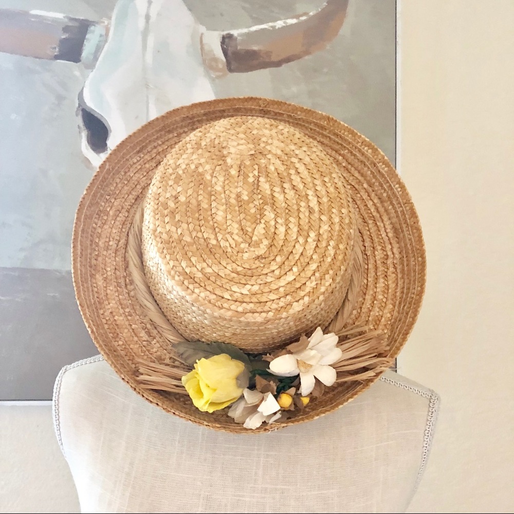 Vintage floral boat straw hat - Picture 1 of 7